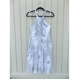 Calvin Klein Dress Floral Halter Pleated Chain Trim Women Size 8 Gray White